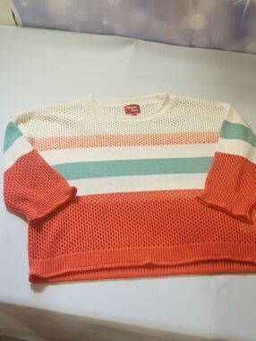 🐦 Striped Loose Knit, Lightweight Crewneck Sweater in Coral, Cream & Mint